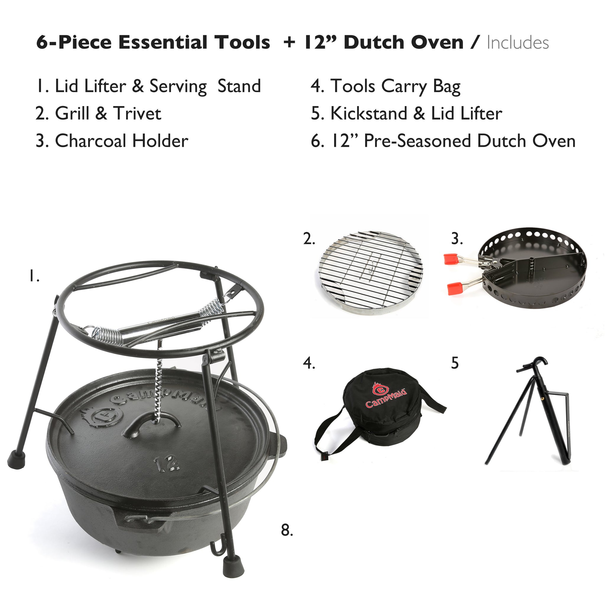 campmaid outdoor cooking set - dutch oven and tools set - charcoal
