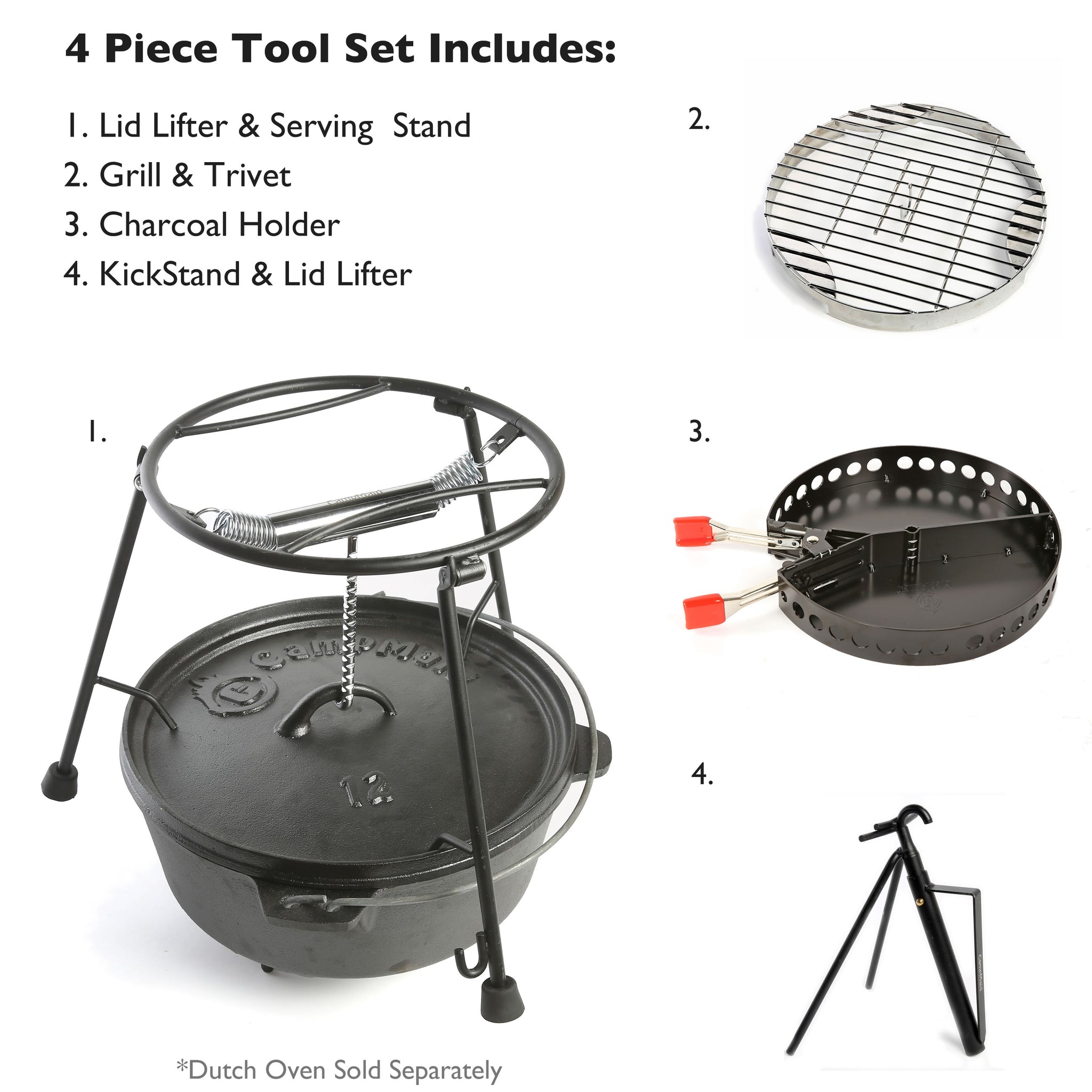 CampMaid Charcoal Holder & Lid Lifter - Dutch Oven Tools Set - Charcoal  Holder & Cast Iron Grill Accessories - Camping Grill Set - Outdoor Cooking